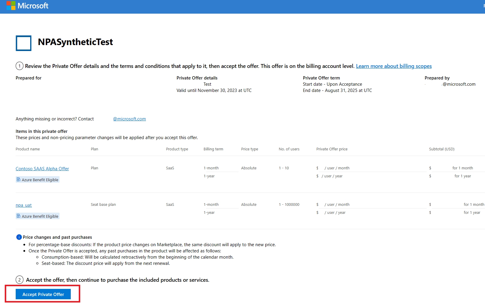 Accept private offer